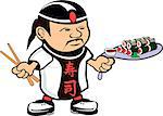 Cartoon drawing of an asian chef cook with sushi