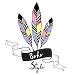Hand drawn bird feathers with ribbon in boho style. Vector illustration