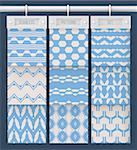Blue and white seamless patterns with a simple geometrical ornament.  Vector illustration.