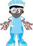 Illustration of a cartoon african american doctor holding pills