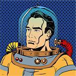Manly man astronaut in a spacesuit. Retro style star traveller sci-Fi space adventure