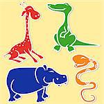 Giraffe, crocodile, hippo and boa on light yellow background, cartoon flat vector illustration