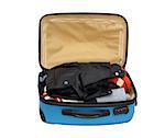 Open Suitcase Packed With Warm Clothing on White Background