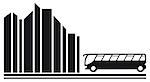 travel symbol with moving bus in city black silhouette