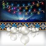 Abstract celebration background with Christmas lights silhouette of Tallinn and estonian ornament