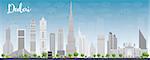 Dubai City skyline with grey skyscrapers and blue sky. Vector illustration
