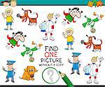 Cartoon Illustration of Educational Game of Single Picture Finding for Preschool Children
