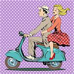 A man and a woman are riding a scooter retro style transport