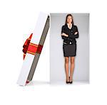 Businesswoman in gift box with ribbon on isolated white background