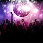 Silhouette of a party crowd on a disco ball background