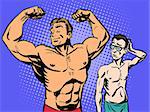 Bodybuilder and thin man is the sport of fitness. Retro style pop art humor