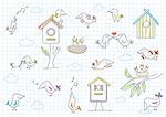 Collection of cute birds. Vector sketch on notebook page