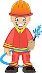 Cartoon illustration of a firefighter in uniform with fire hose