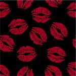 Set of red lip prints on isolated black background vector illustration.