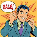 Male businessman sale sales discount store shopping. Retro style pop art