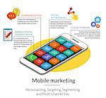 Infographic template for mobile marketing and apps developmet. Isometric smartphone with apps icons. Text outlined, free font Lato