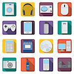 Set of flat home appliances and electronic devices icons. Washer and fridge, mobile and computer, camera and stereo. Also available as a Vector in Adobe illustrator EPS 8 format, compressed in a zip file.