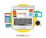 Pay per click. Flat contour conceptual illustration of laptop with internet advertising on website, calculator and money