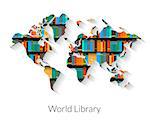 World library flat contour illustration with shadow on white background.