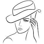 Elegant young girl in a hat, hand drawing black vector outline