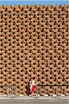 Woman leaving the Japan Pavilion at Milan Expo 2015, Italy