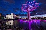 The tree of Life show with the Italian pavilion designed by Nemesi Studio in the background at Milan expo 2015, Italy