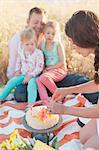 Woman cutting cake at picnic