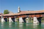 Historical wooden bridge and cathedral (Fridolinsmuenster), Bad Saeckingen, Rhine River, Hochrhein, Black Forest, Baden- Wurttemberg, Germany, Europe