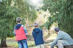 Father and sons fishing in woods