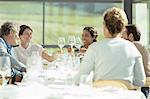 Friends toasting wine glasses in sunny restaurant