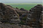 Ancient rock formation eroded underwater, with sugar cane fields in the background, Fabedougou, Burkina Faso