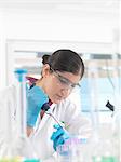 Young woman scientist  pipetting sample into vial in a laboratory used for chemical and DNA testing