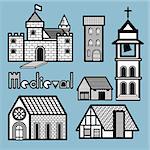 Many kinds of medieval architecture are depicted in this picture to show variety of building in medieval age. Different kinds of building have similar material in architecture structure using bricks, wood, ceramics, glasses and metal.