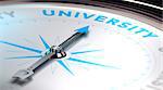 Choosing an university concept. 3D image with a compass with needle pointing the word university. Blue and white tones.