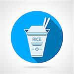 Flat blue round vector icon with white silhouette cardboard rice pack for take-away menu on gray background. Long shadow design