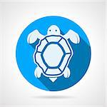 Flat blue round vector icon with white silhouette sea turtle on gray background.