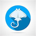 Flat blue round vector icon with white silhouette stingray on gray  background. Long shadow design