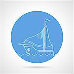 Blue round vector icon with white line sail boat floating on the wave on gray background.