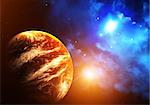 A beautiful space scene with planet and nebula. Elements of this image furnished by NASA