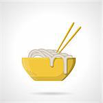Flat color design vector icon for yellow bowl with noodles and yellow chopsticks on white background.