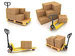 Warehouse Concept. Set of 3D Pallet Truck and Cardboard Boxes.