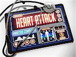 Heart Attack - Diagnosis on the Display of Medical Tablet and a Black Stethoscope on White Background.