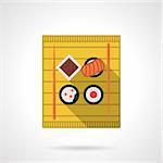 Flat color vector icon for sushi set on yellow bamboo tray on white background. Long shadow design