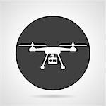 Flat black round vector icon with white silhouette quadcopter with action camera on gray background.