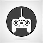 Flat black round vector icon with white silhouette game controller on gray background.