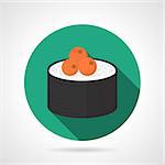 Maki sushi roll with caviar. Flat color design green round vector icon on gray background.
