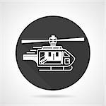 Black flat round vector icon with white contour helicopter on gray background.