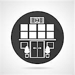 Flat black round vector icon with white contour elements of hospital exterior on gray background.