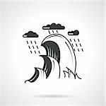 Flat black contour vector icon for ocean or sea storm with waves and rain on white background.