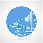 Abstract blue round vector icon with white line sail yacht on gray background.